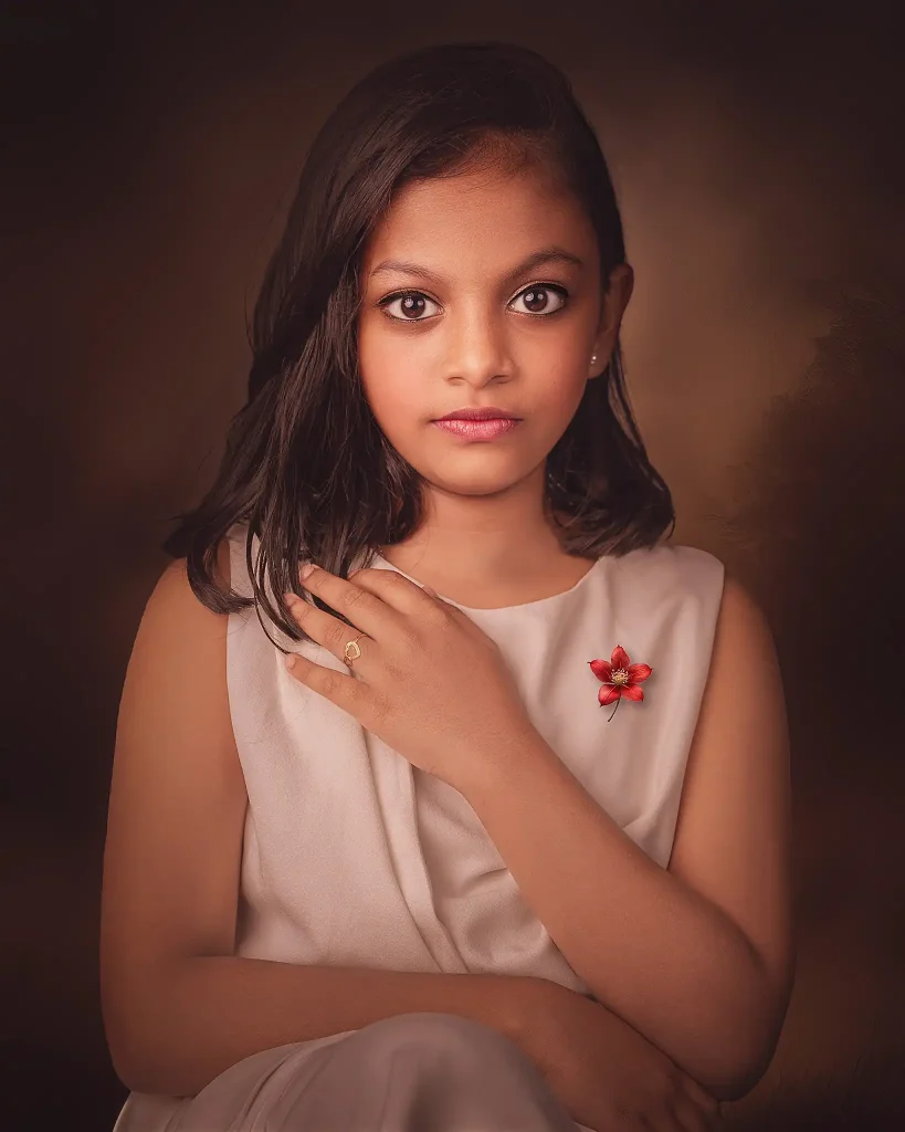 Fine art studio portrait of a girl in beige dress with soft lighting in Christchurch