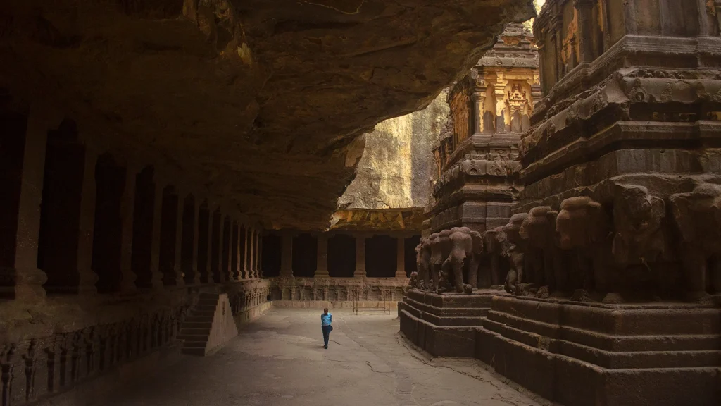 Magnificent stone-carved Kailash Temple in Ellora Caves